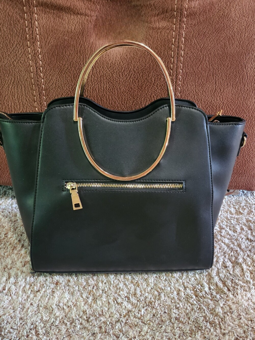 Chic Miztique Black Vegan Leather Satchel with Sculptural Gold Handles - Picture 2 of 14